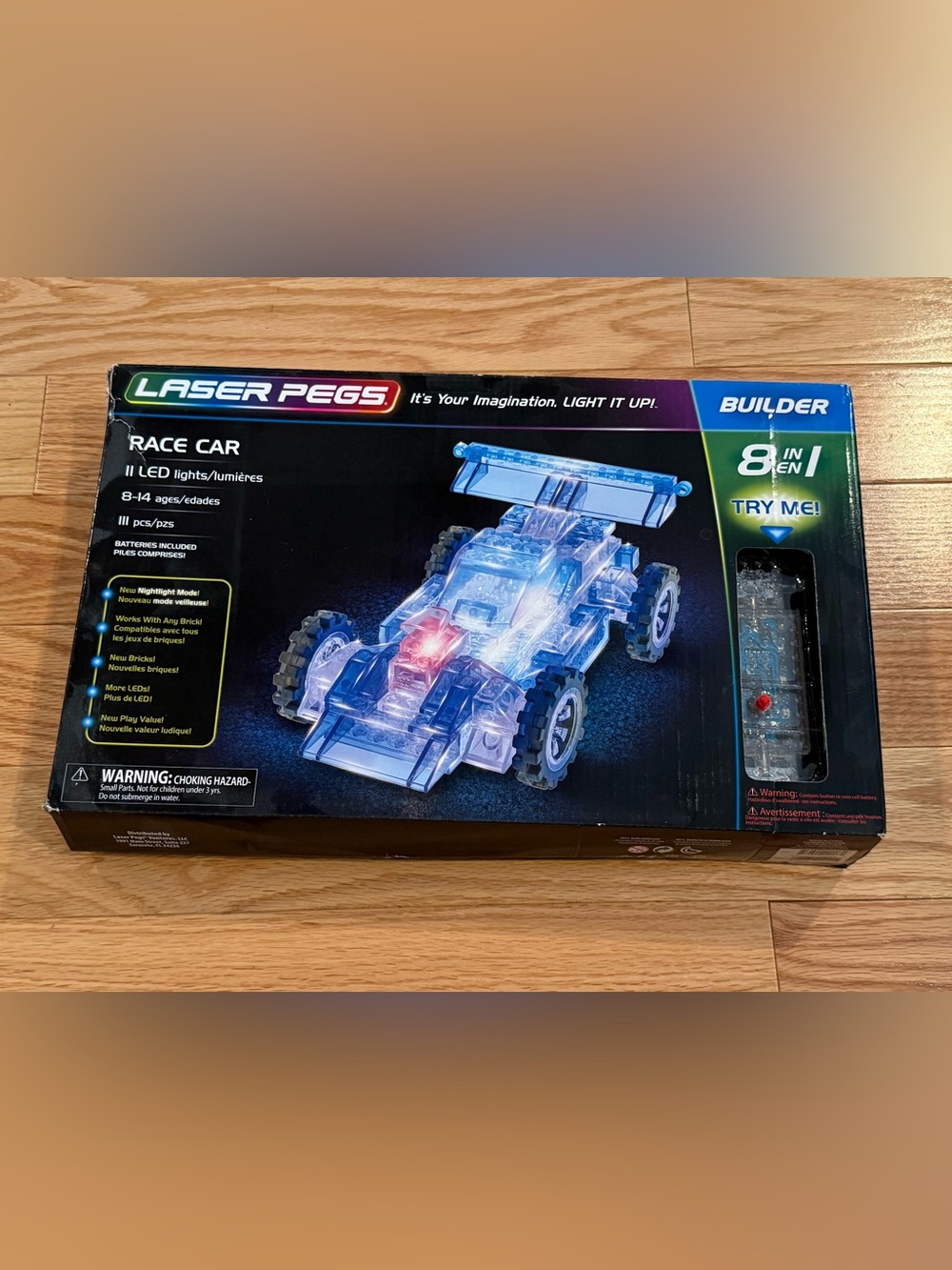 Laser Pegs 8-in-1 Race Car Building Set, translucent light-up bricks work w/lego